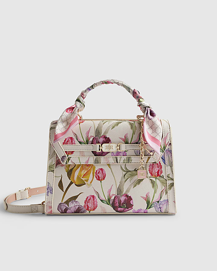 Cream Floral Charm Tote Bag