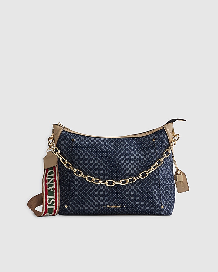 Blue Denim Monogram Print Chain Shoulder Bag