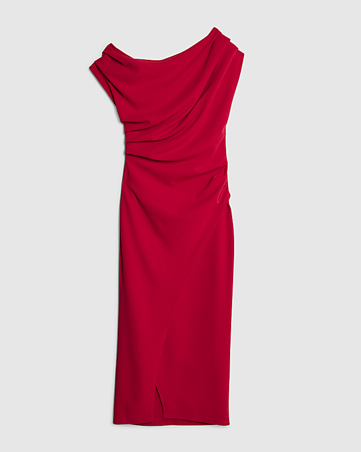 Red Asymmetric Drape Wrap Midi Dress
