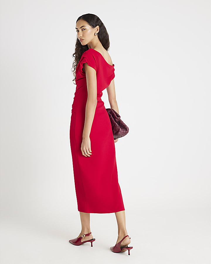 Red Asymmetric Drape Wrap Midi Dress