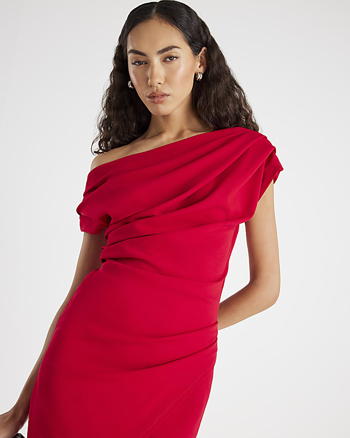 Red Asymmetric Drape Wrap Midi Dress