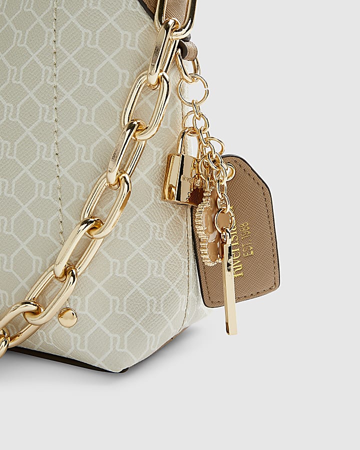 Beige Monogram Chain Front Crossbody Bag