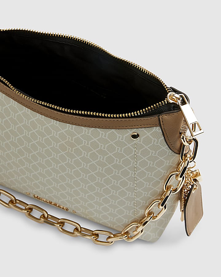 Beige Monogram Chain Front Crossbody Bag