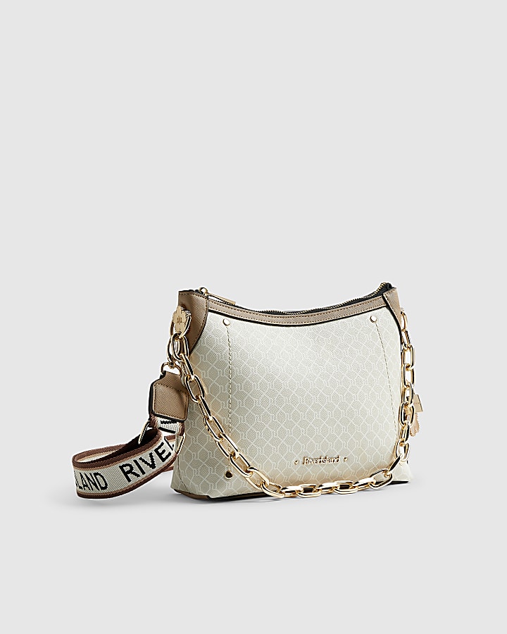 Beige Monogram Chain Front Crossbody Bag