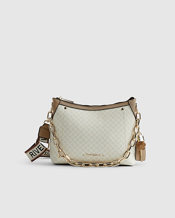 Beige Monogram Chain Front Crossbody Bag