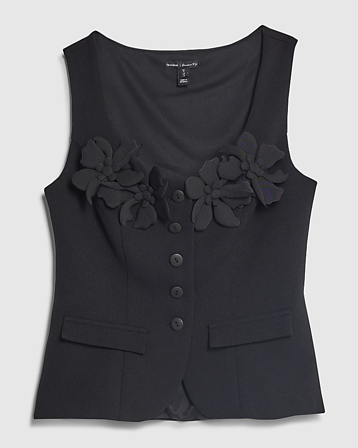 Black Floral Applique Waistcoat