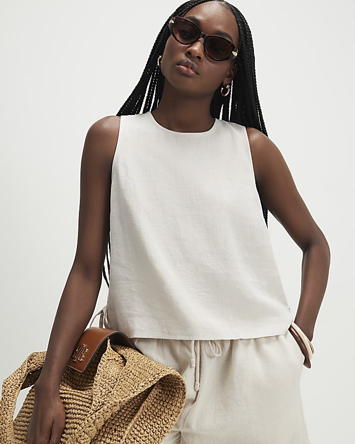 Beige Linen Blend Tank Top