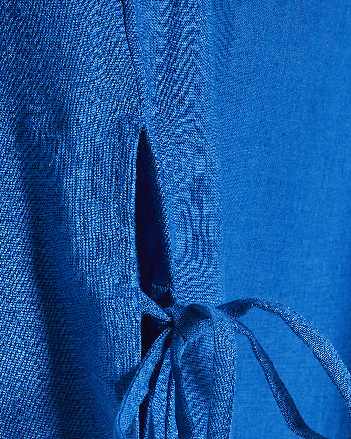 Blue Linen Blend Sleeveless Tank Top