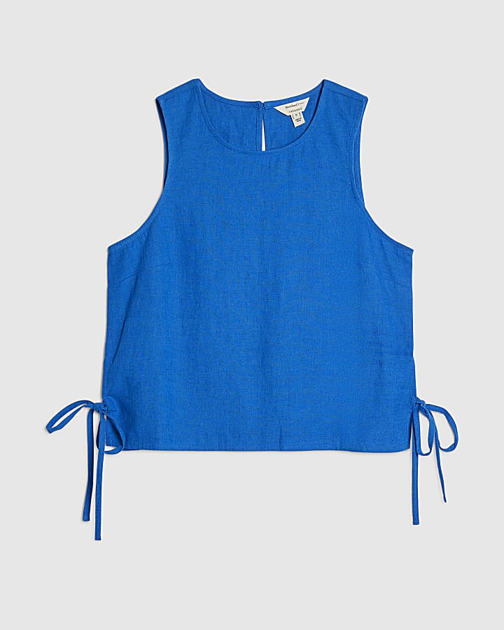 Blue Linen Blend Sleeveless Tank Top