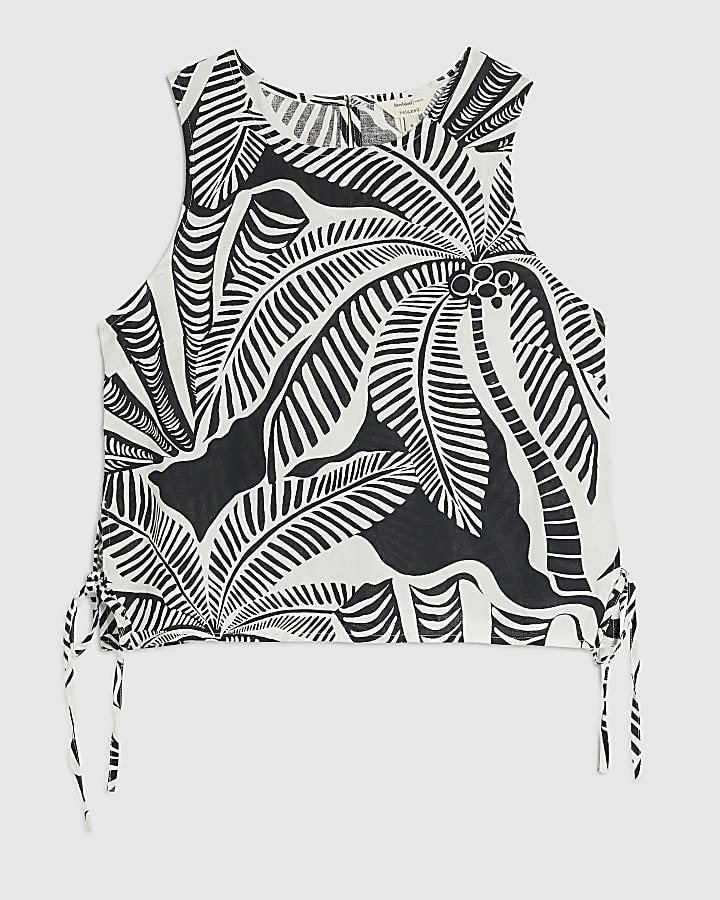 Black Linen Blend Palm Print Tank Top