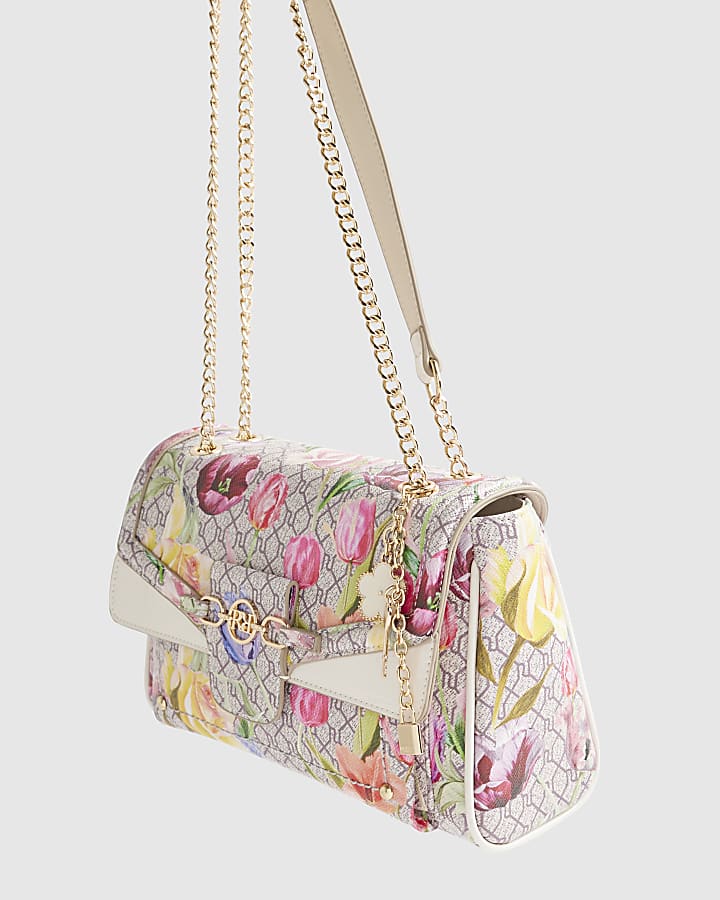 Beige Floral Monogram Print Shoulder Bag