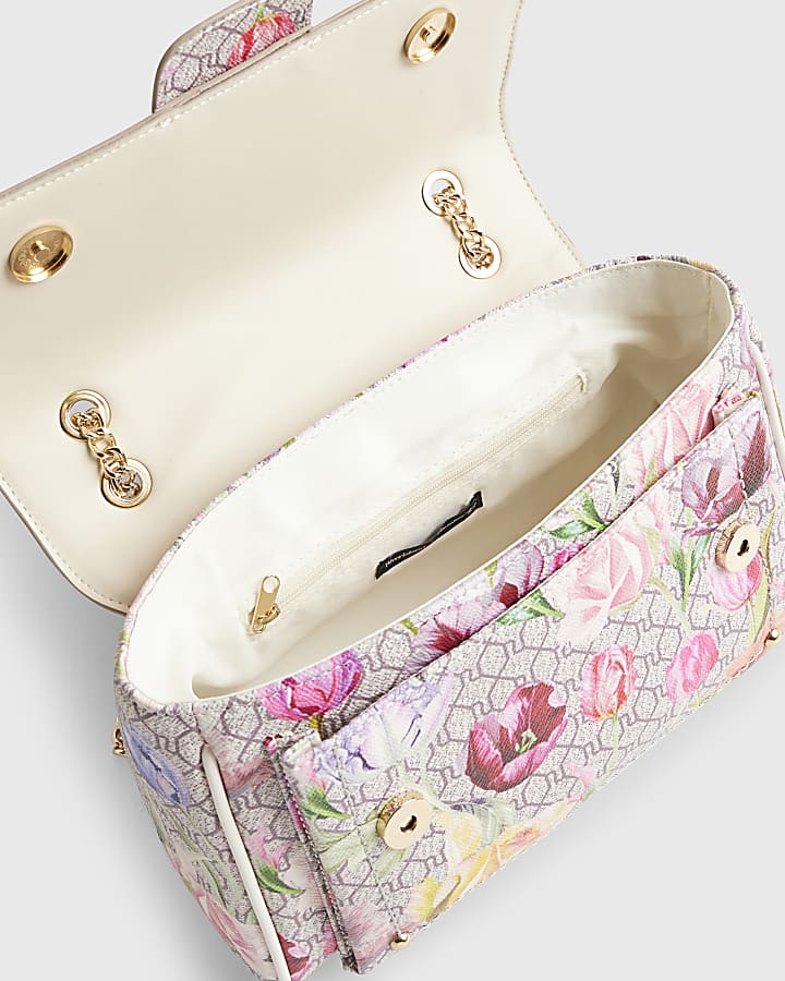 Beige Floral Monogram Print Shoulder Bag