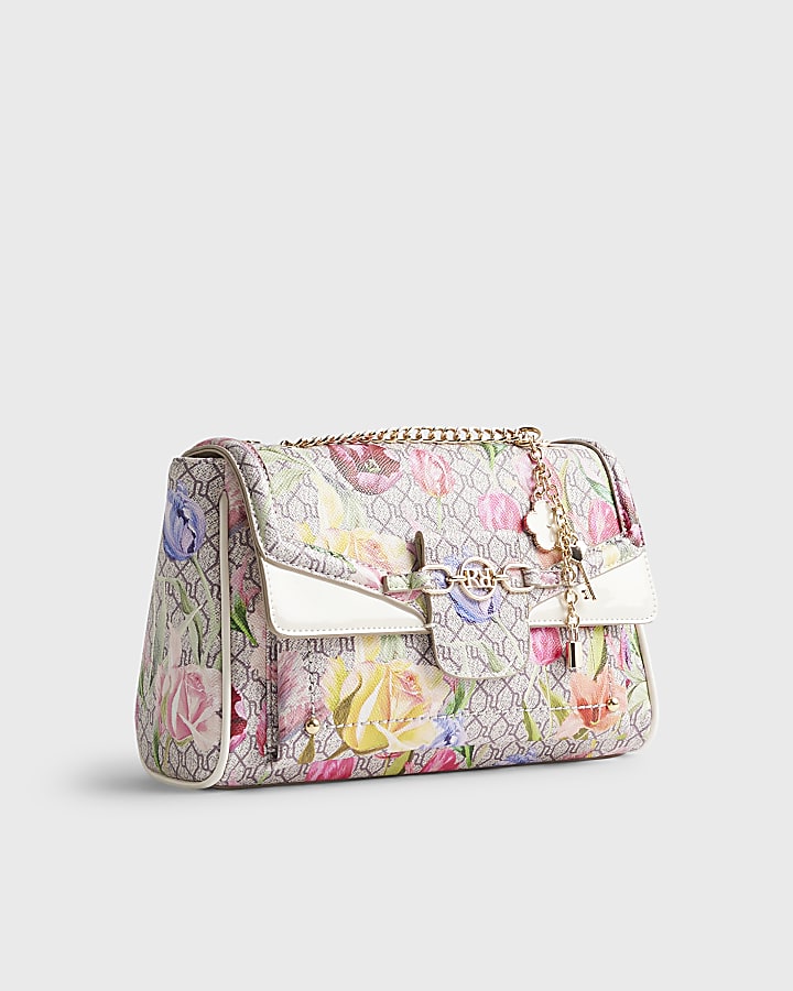 Beige Floral Monogram Print Shoulder Bag