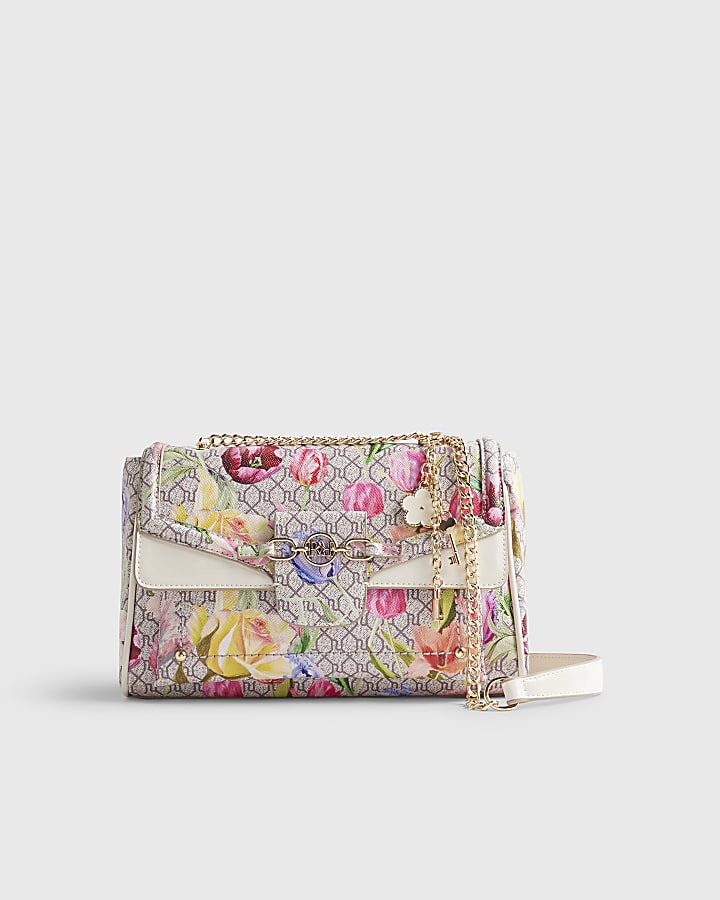 Beige Floral Monogram Print Shoulder Bag