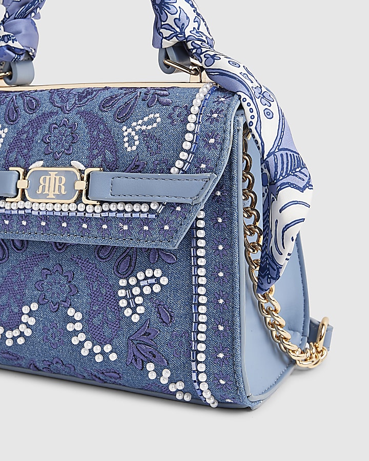 Blue Mini Embroidered Cross Body Tote Bag