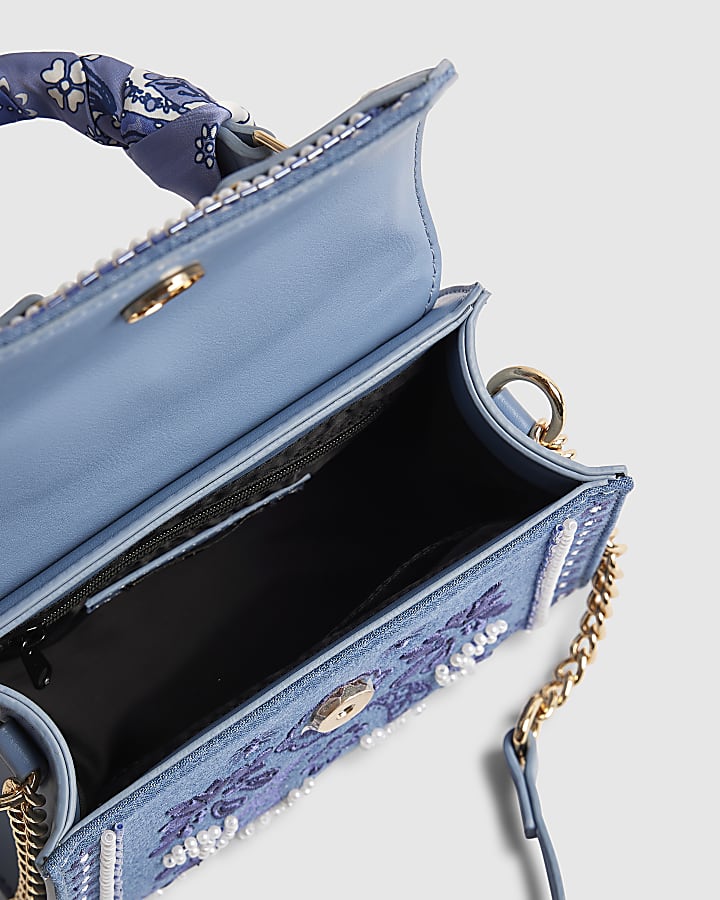 Blue Mini Embroidered Cross Body Tote Bag