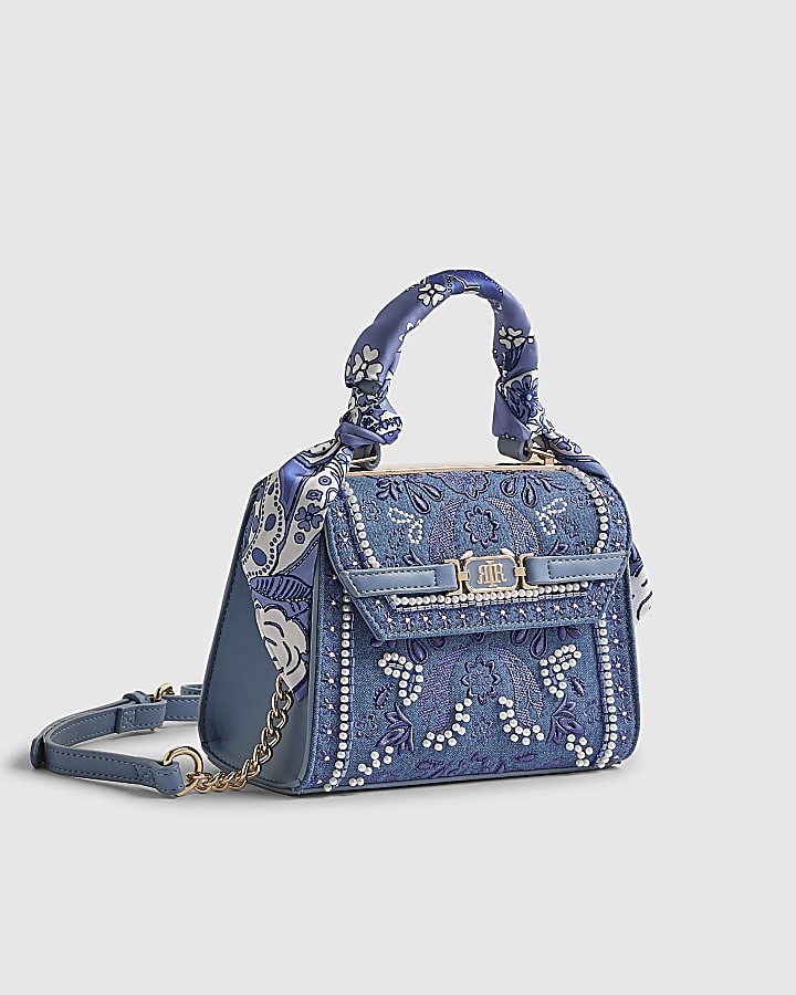 Blue Mini Embroidered Cross Body Tote Bag