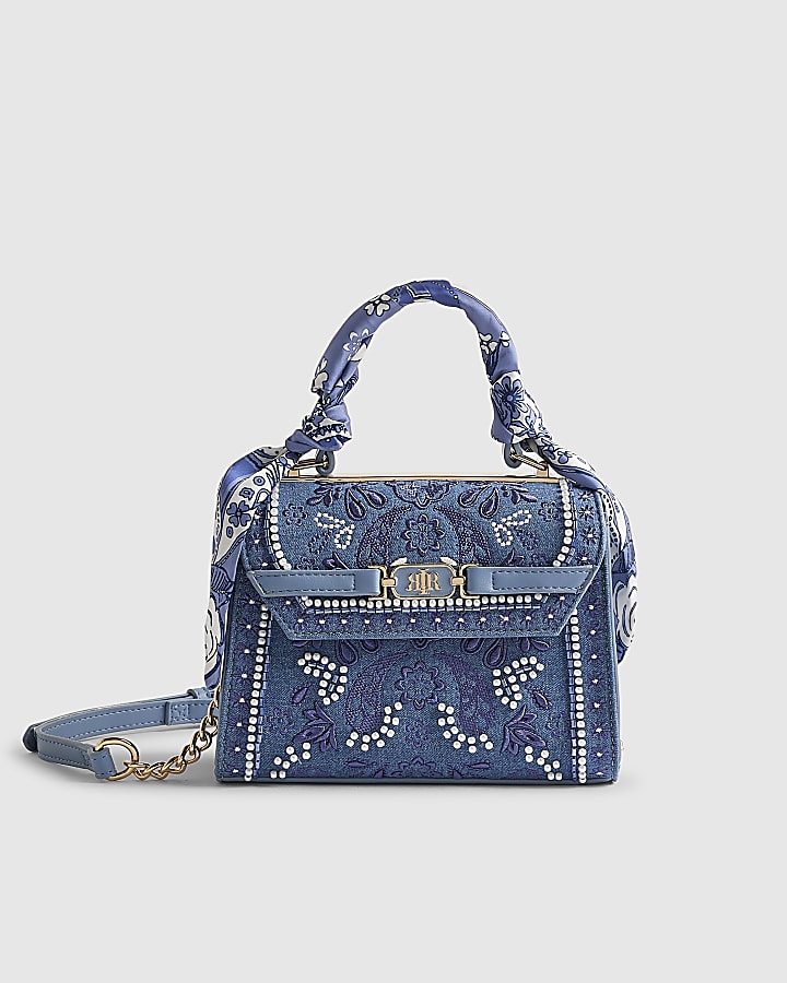Blue Mini Embroidered Cross Body Tote Bag