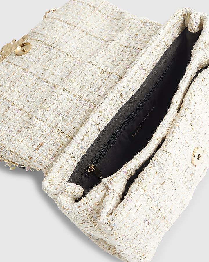 Cream Boucle Flap Front Shoulder Bag