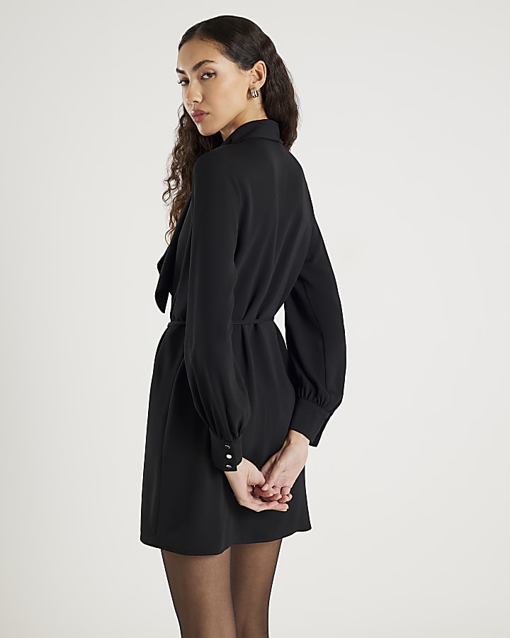 Black Pussybow Mini Shirt Dress