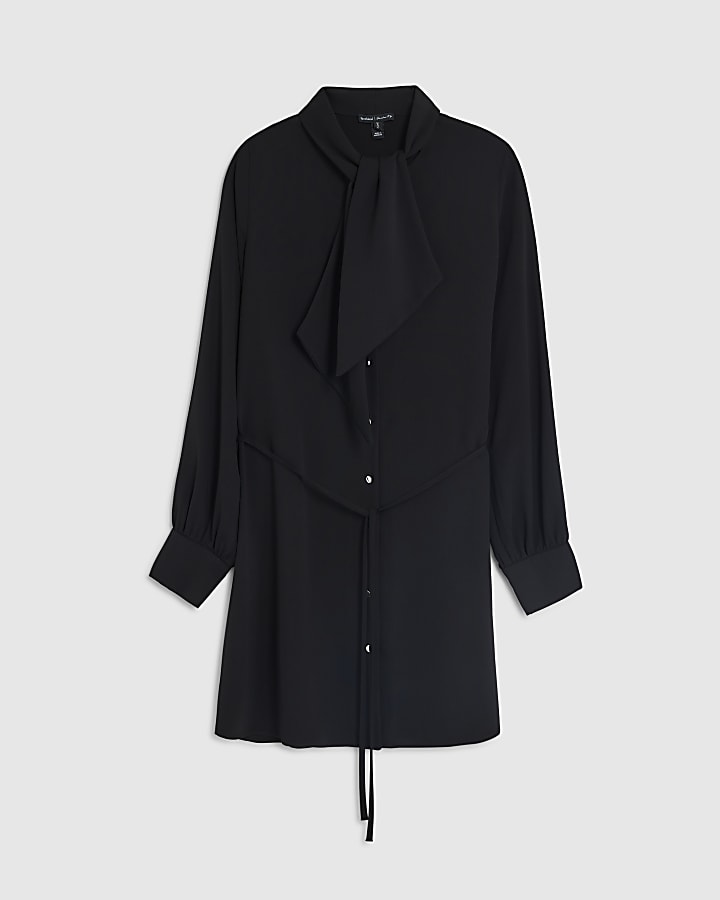 Black Pussybow Mini Shirt Dress