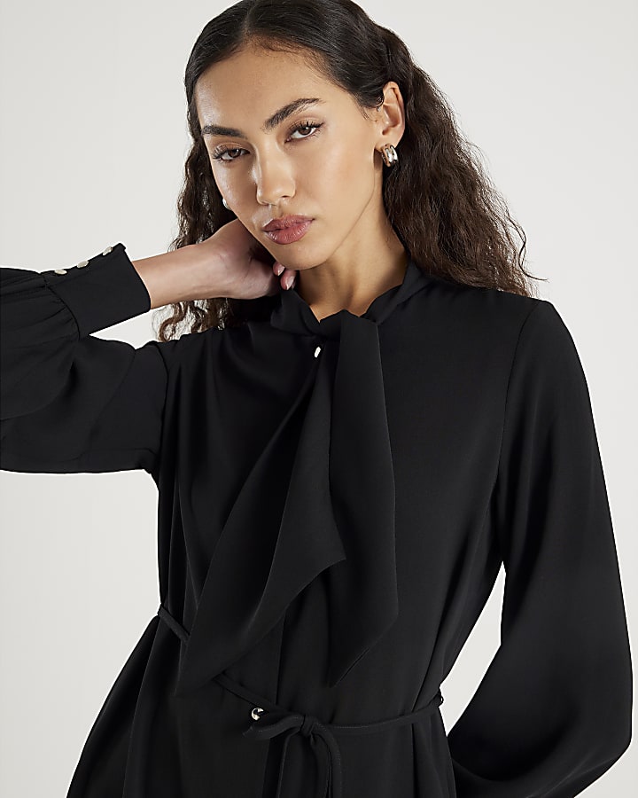 Black Pussybow Mini Shirt Dress
