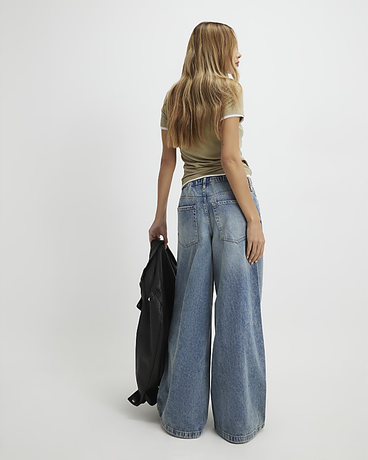 Blue Drawstring Wide Leg Jeans
