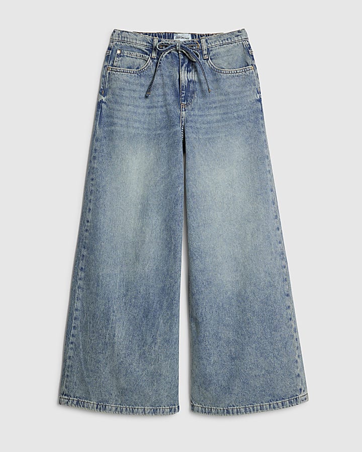 Blue Drawstring Wide Leg Jeans