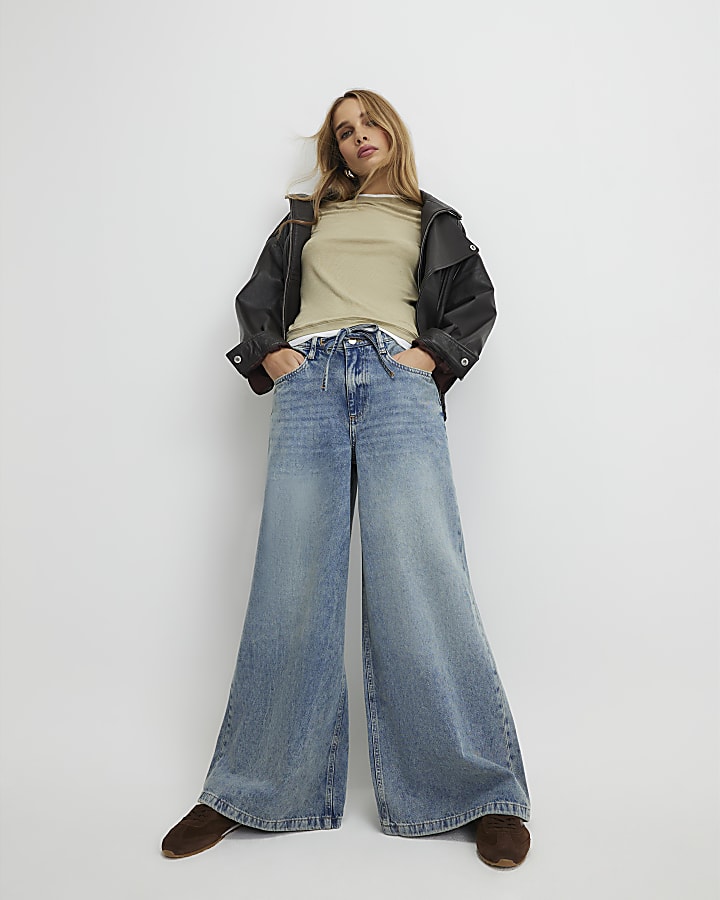 Blue Drawstring Wide Leg Jeans
