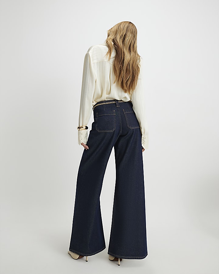 Blue Belted Wide Leg Jeans