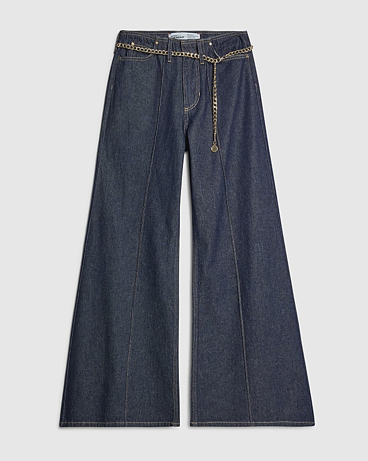 Blue Belted Wide Leg Jeans