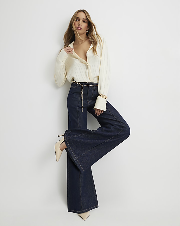 Blue Belted Wide Leg Jeans