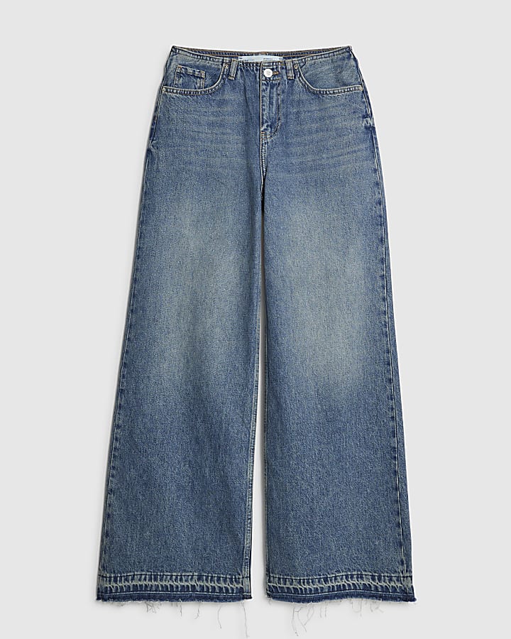 Blue High Rise Clean Waistband Wide Leg Jeans