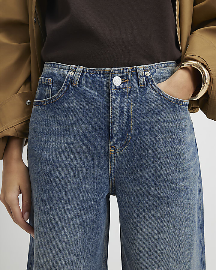 Blue High Rise Clean Waistband Wide Leg Jeans