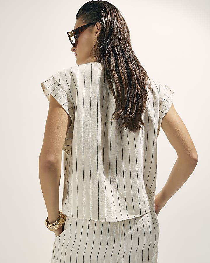 Cream Linen Blend Striped Tie Neck Top