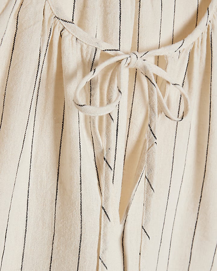 Cream Linen Blend Striped Tie Neck Top