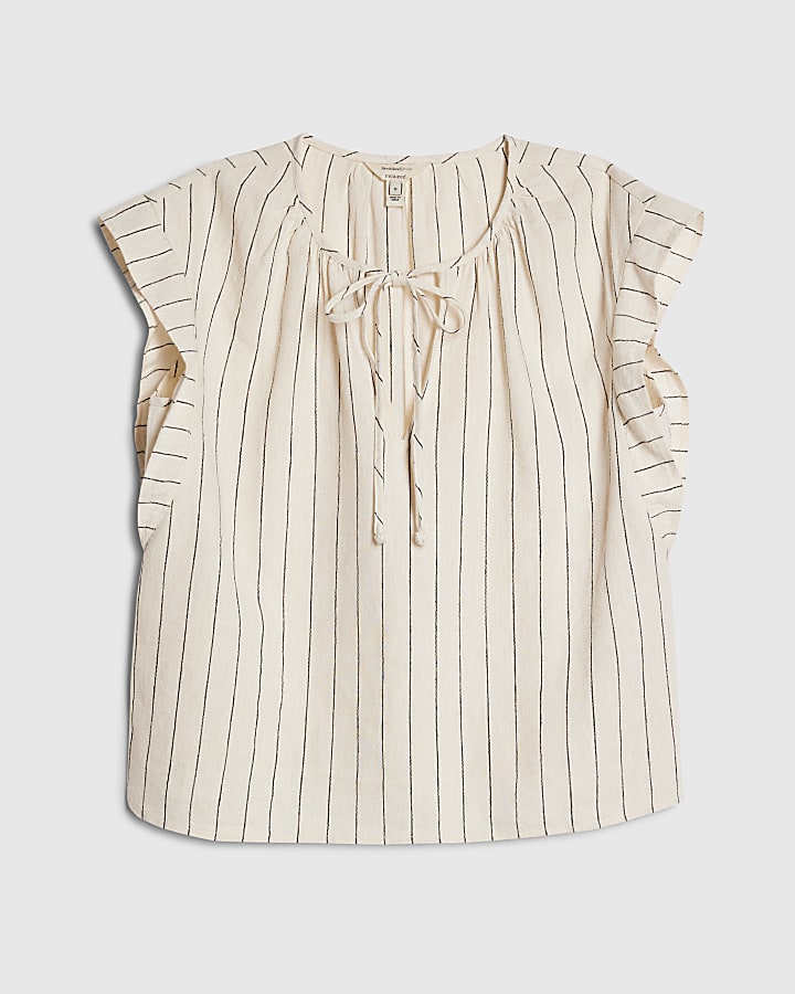 Cream Linen Blend Striped Tie Neck Top