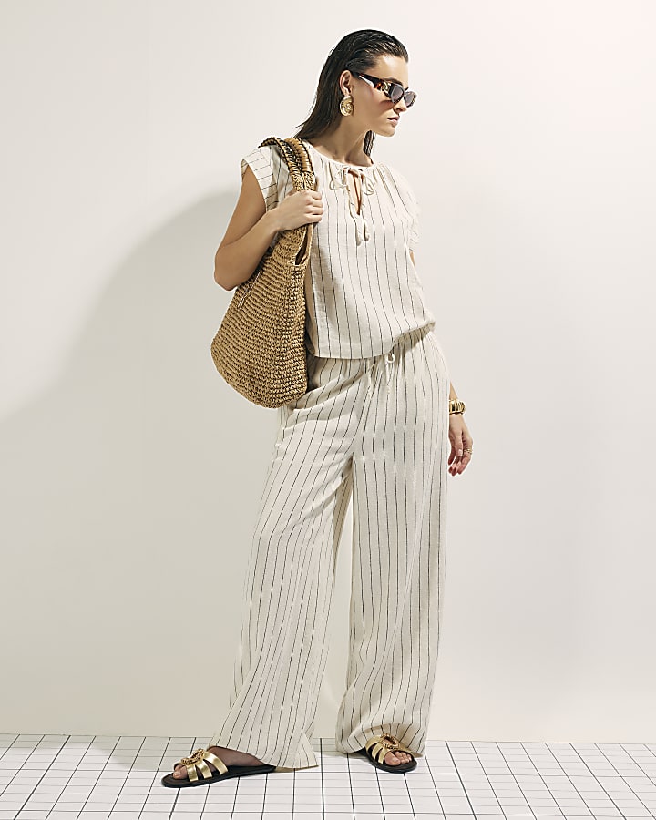 Cream Linen Blend Striped Tie Neck Top