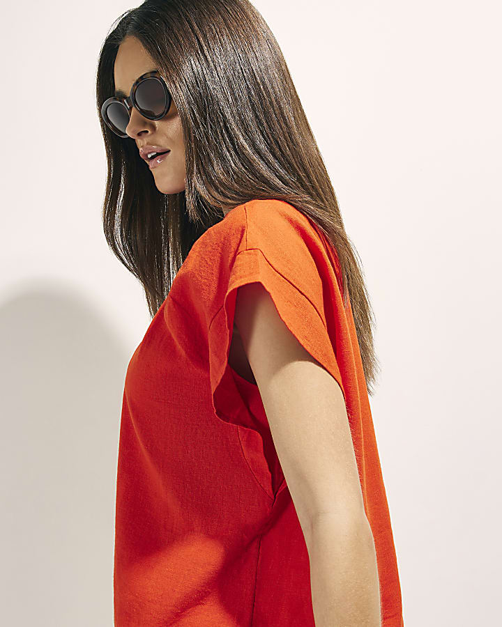 Red Linen Blend Tie Neck Top