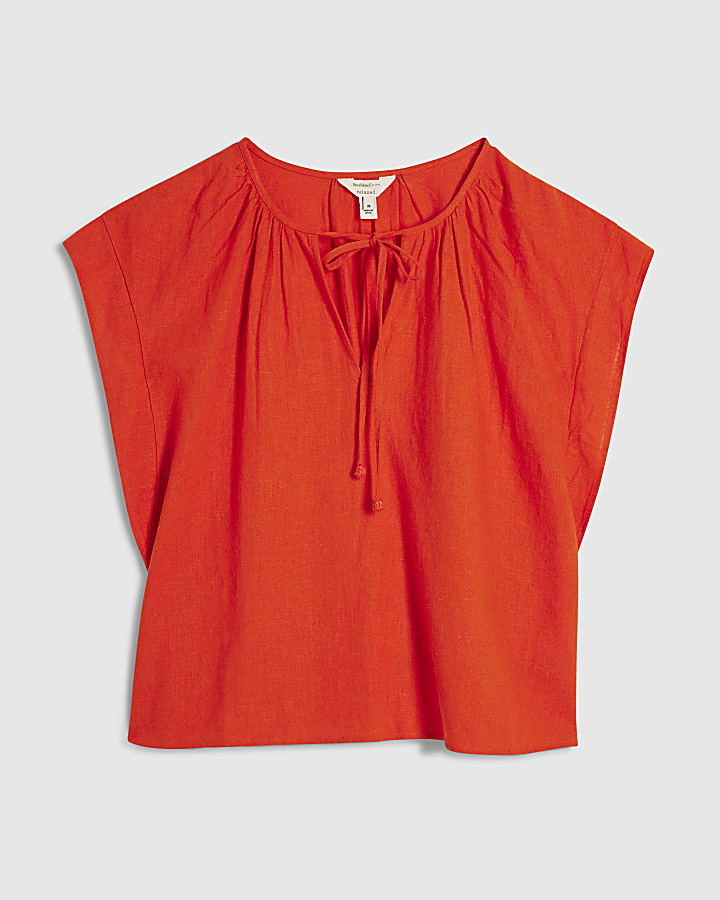 Red Linen Blend Tie Neck Top