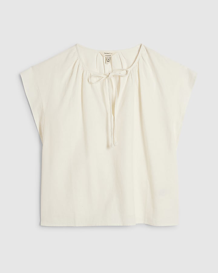 White Linen Blend Tie Neck Top