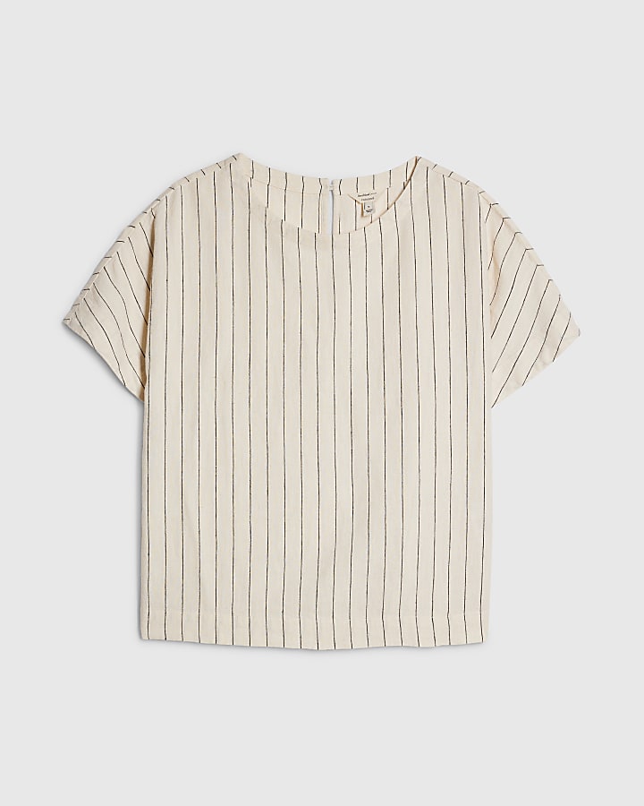 Cream Striped Linen Blend T-Shirt