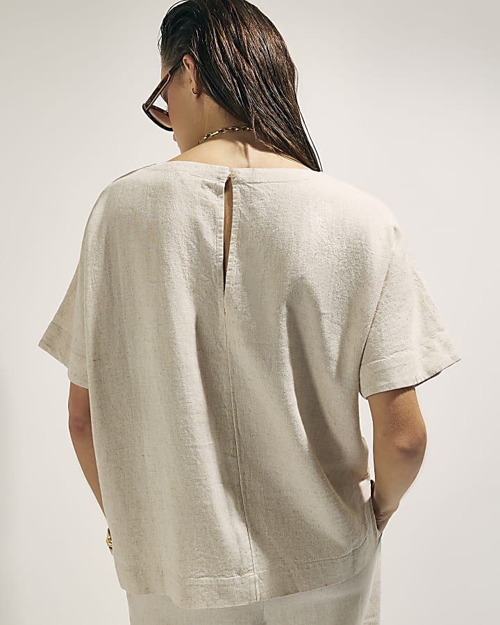 Beige Linen Blend Short Sleeve T-Shirt