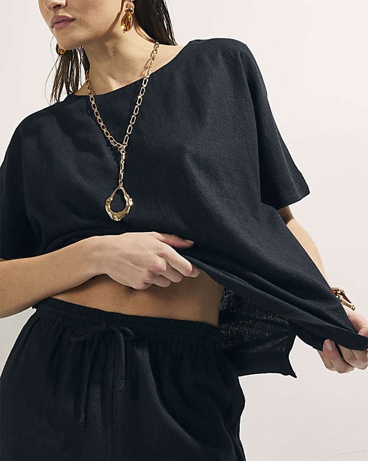 Black Linen Blend Short Sleeve Top