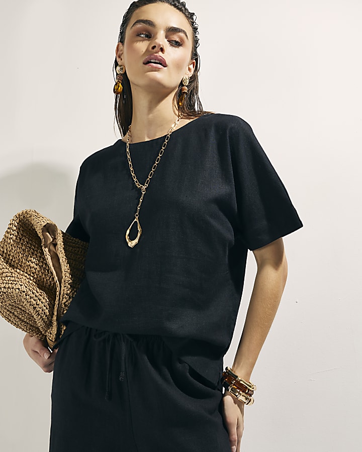 Black Linen Blend Short Sleeve Top