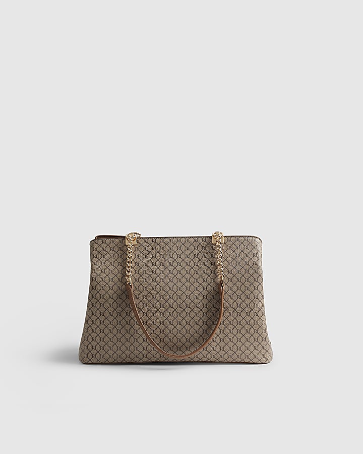 Beige Monogram Webbing Front Chain Tote Bag
