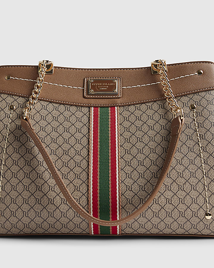 Beige Monogram Webbing Front Chain Tote Bag