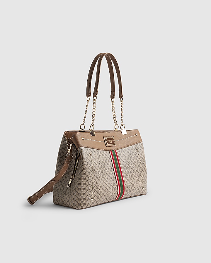 Beige Monogram Webbing Front Chain Tote Bag