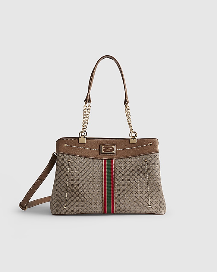 Beige Monogram Webbing Front Chain Tote Bag