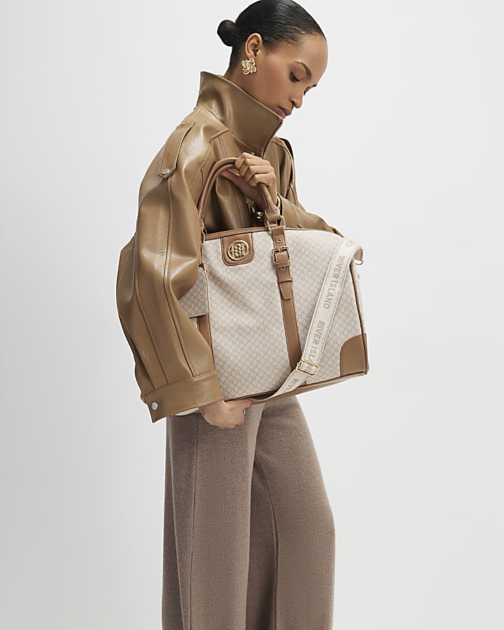 Beige Buckled Monogram Barrell Bag